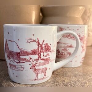 Now Designs Winter Toile Mugs in Dark Red and White Outdoor Scenes with Santa